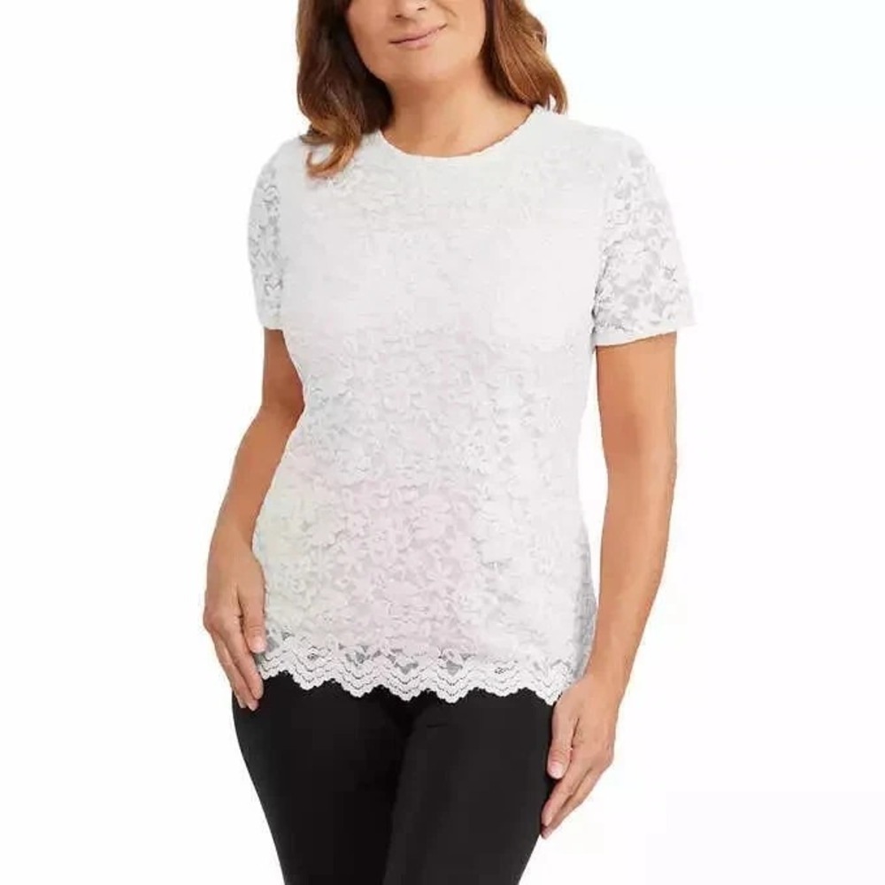 Teddi Rose Womens Floral Lace Crewneck Short Sleeve Blouse White Medium